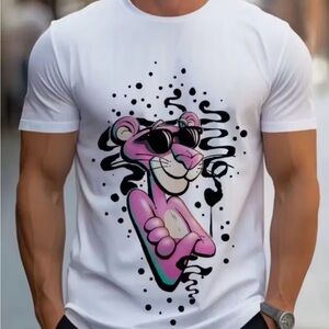 White Graphic T-Shirt with Pink Panther Design